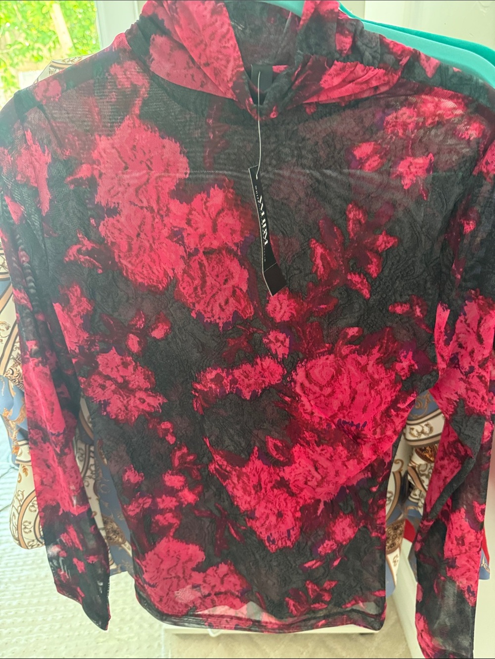 White House Black Market Black Sheer Mesh Top with Fuchsia Floral